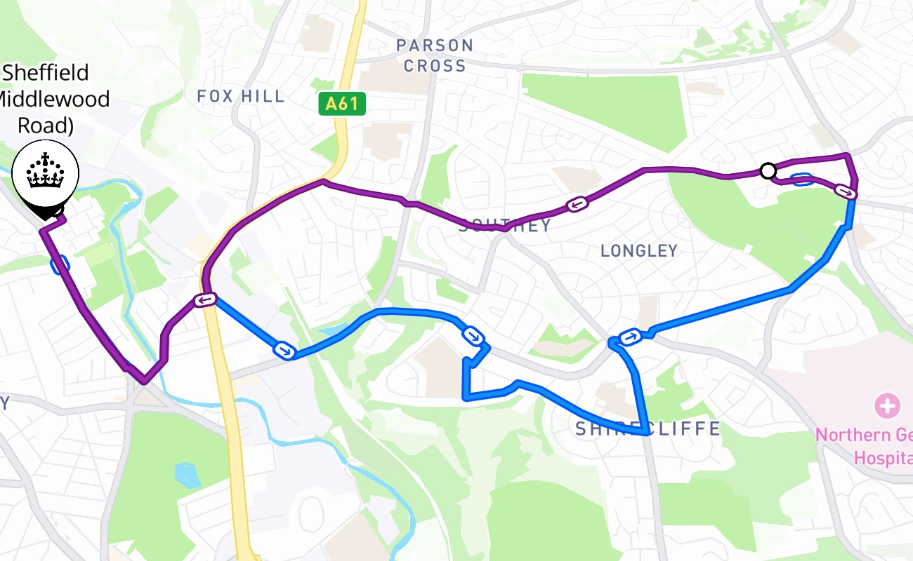 Sheffield (Middlewood Road) driving test route #2544 map - ENG United Kingdom
