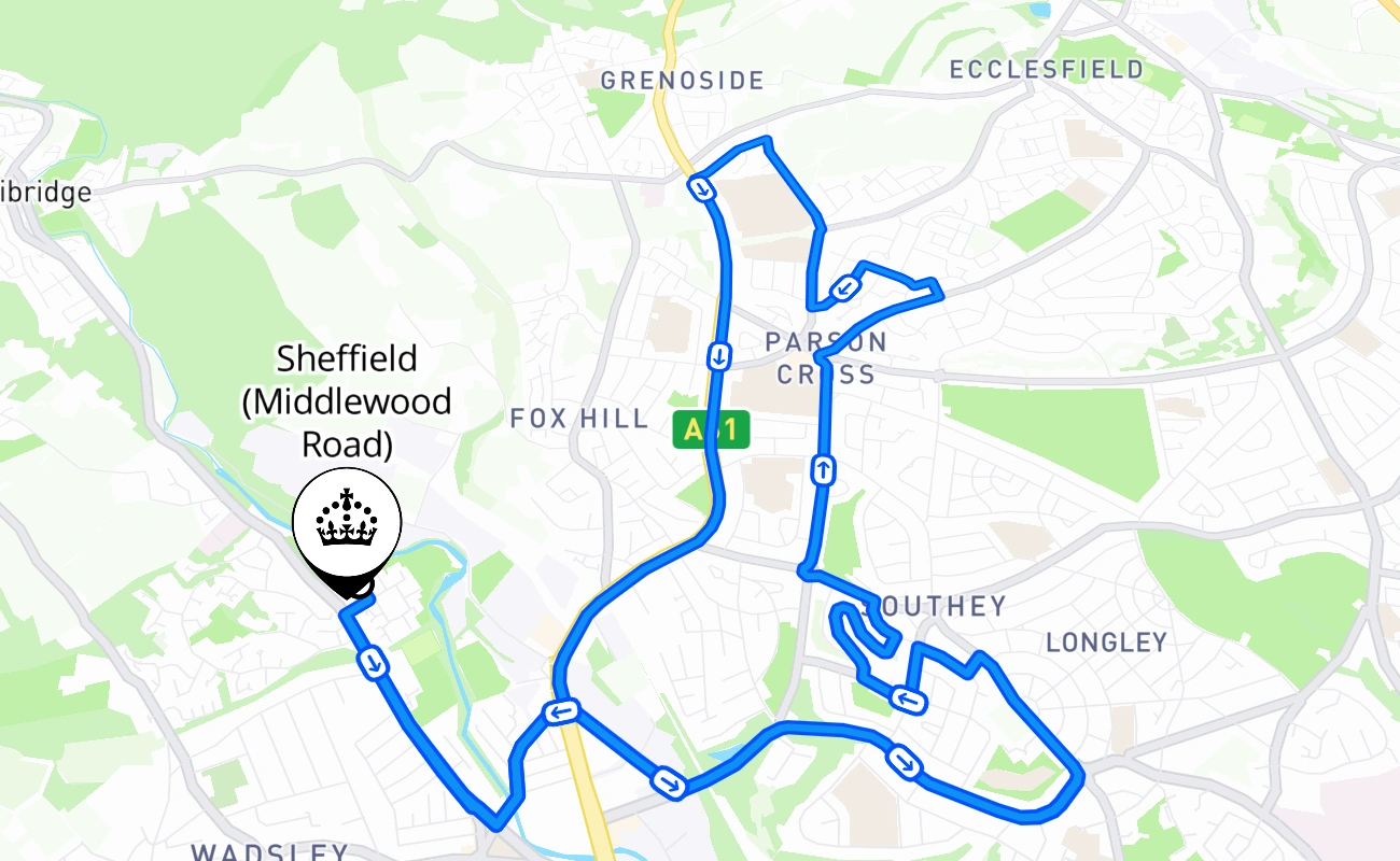 Sheffield (Middlewood Road) driving test route #2750 map - ENG United Kingdom
