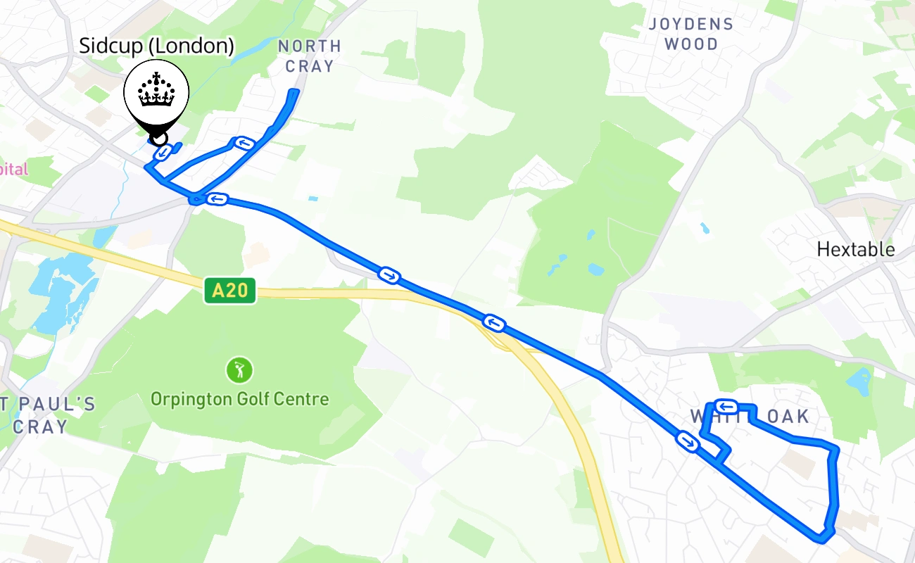 Sidcup (London) driving test route #1911 map - ENG United Kingdom