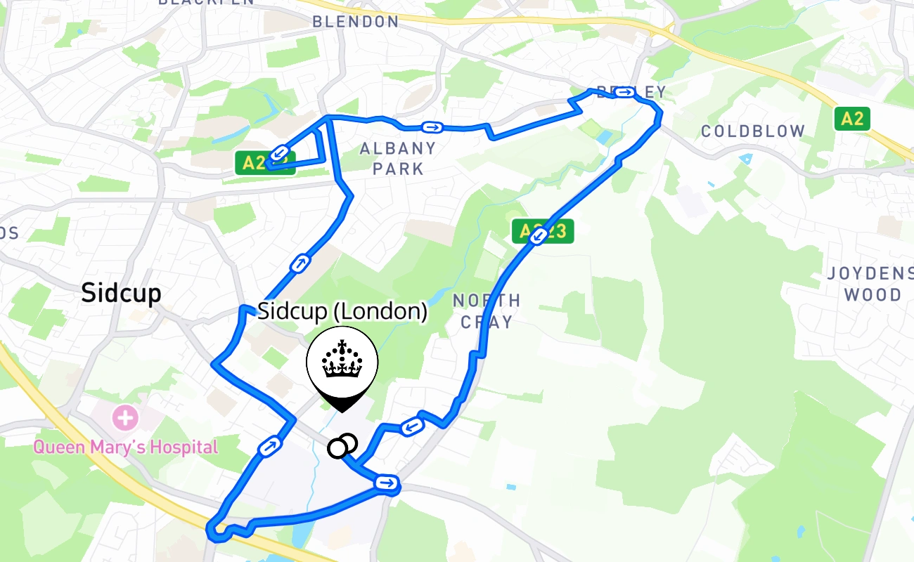 Sidcup (London) driving test route #2318 map - ENG United Kingdom