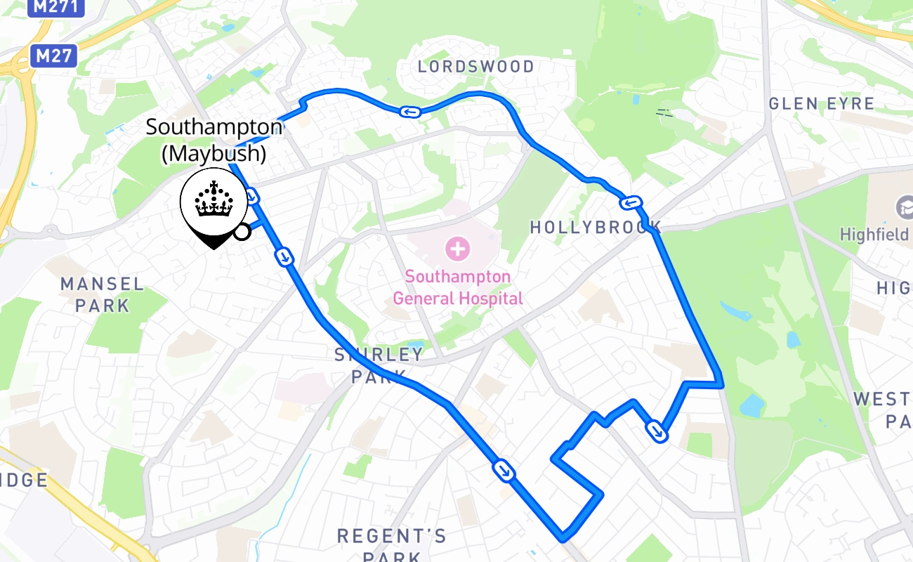 Southampton (Maybush) driving test route #579 map - ENG United Kingdom