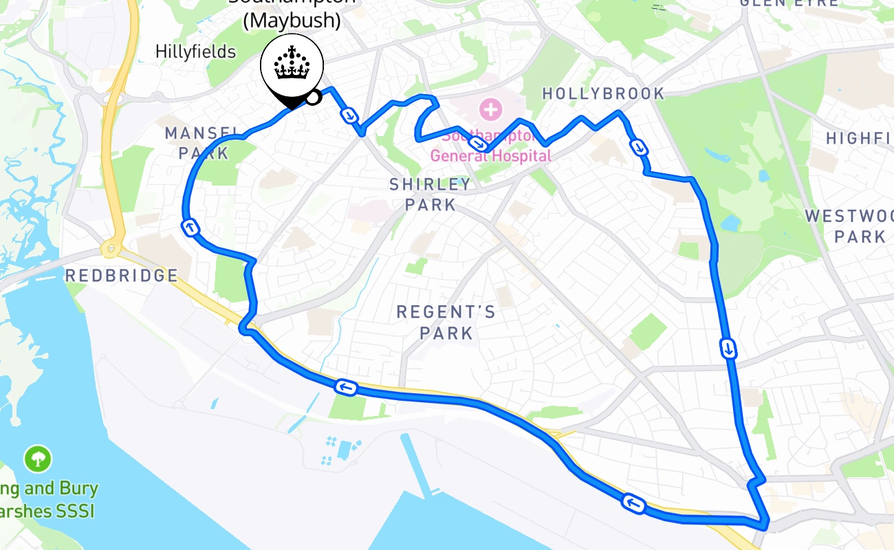Southampton (Maybush) driving test route #582 map - ENG United Kingdom