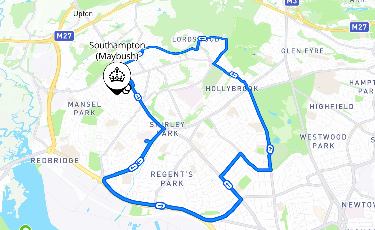 Southampton (Maybush) driving test route #583 map - ENG United Kingdom