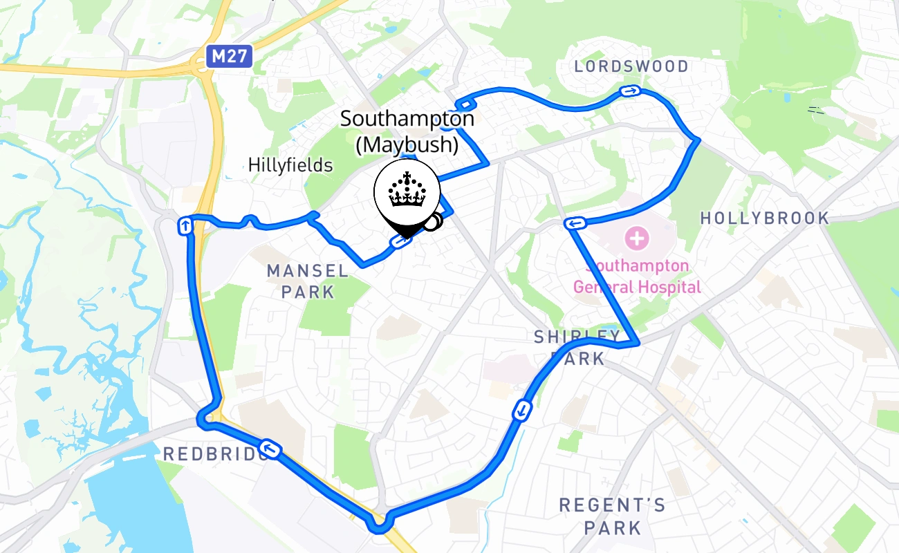 Southampton (Maybush) driving test route #584 map - ENG United Kingdom