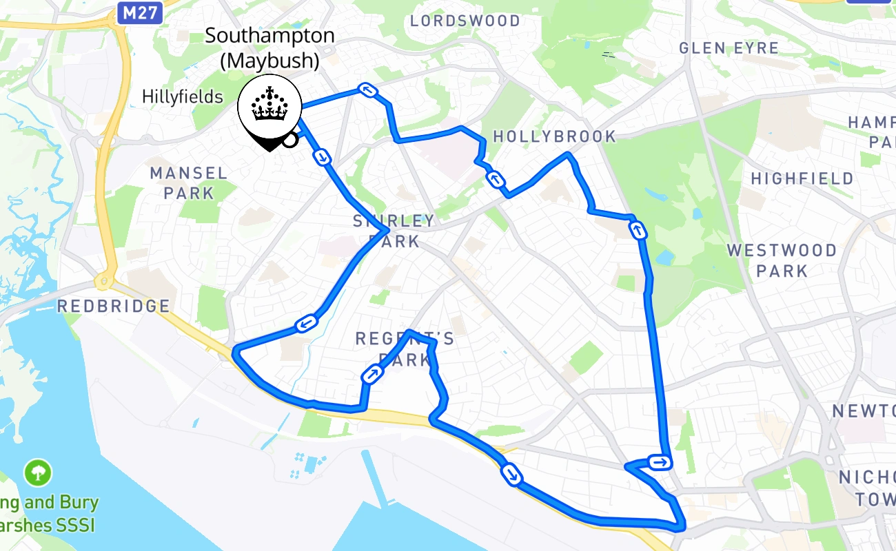Southampton (Maybush) driving test route #586 map - ENG United Kingdom