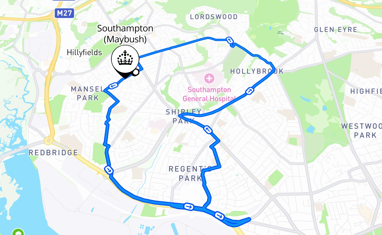 Southampton (Maybush) driving test route #587 map - ENG United Kingdom