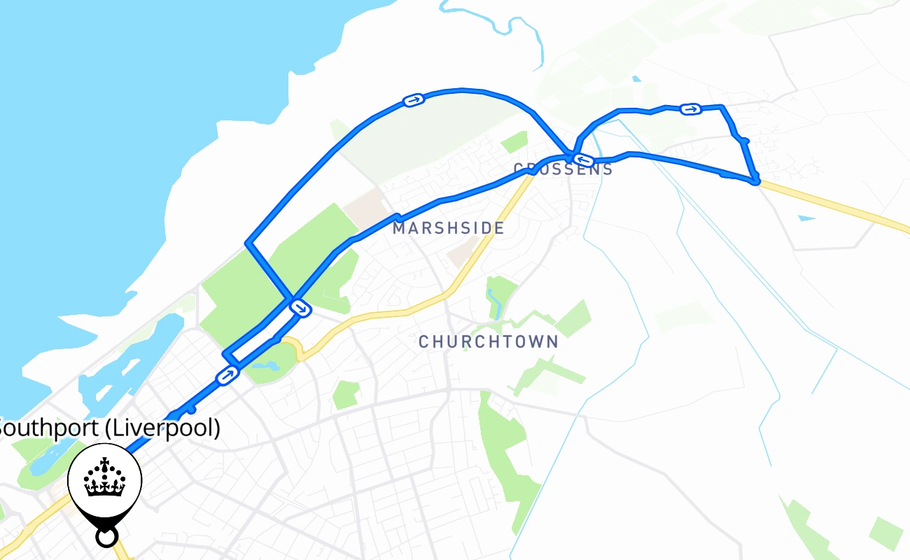 Southport (Liverpool) driving test route #666 map - ENG United Kingdom