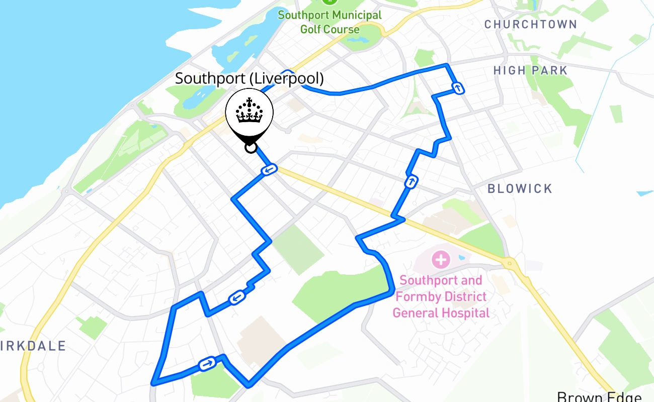 Southport (Liverpool) driving test route #668 map - ENG United Kingdom