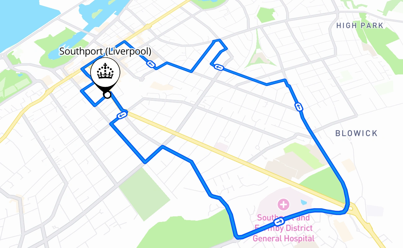 Southport (Liverpool) driving test route #669 map - ENG United Kingdom