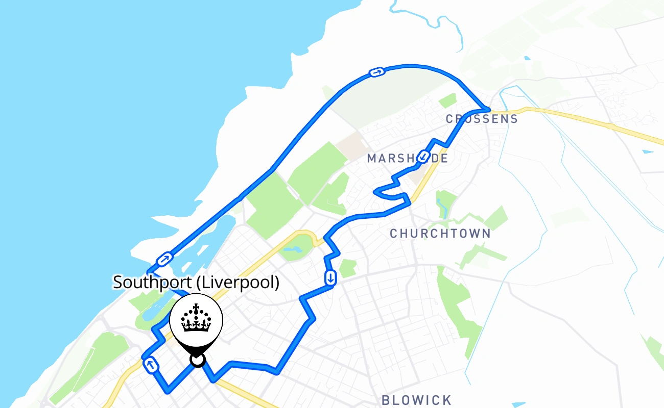 Southport (Liverpool) driving test route #670 map - ENG United Kingdom
