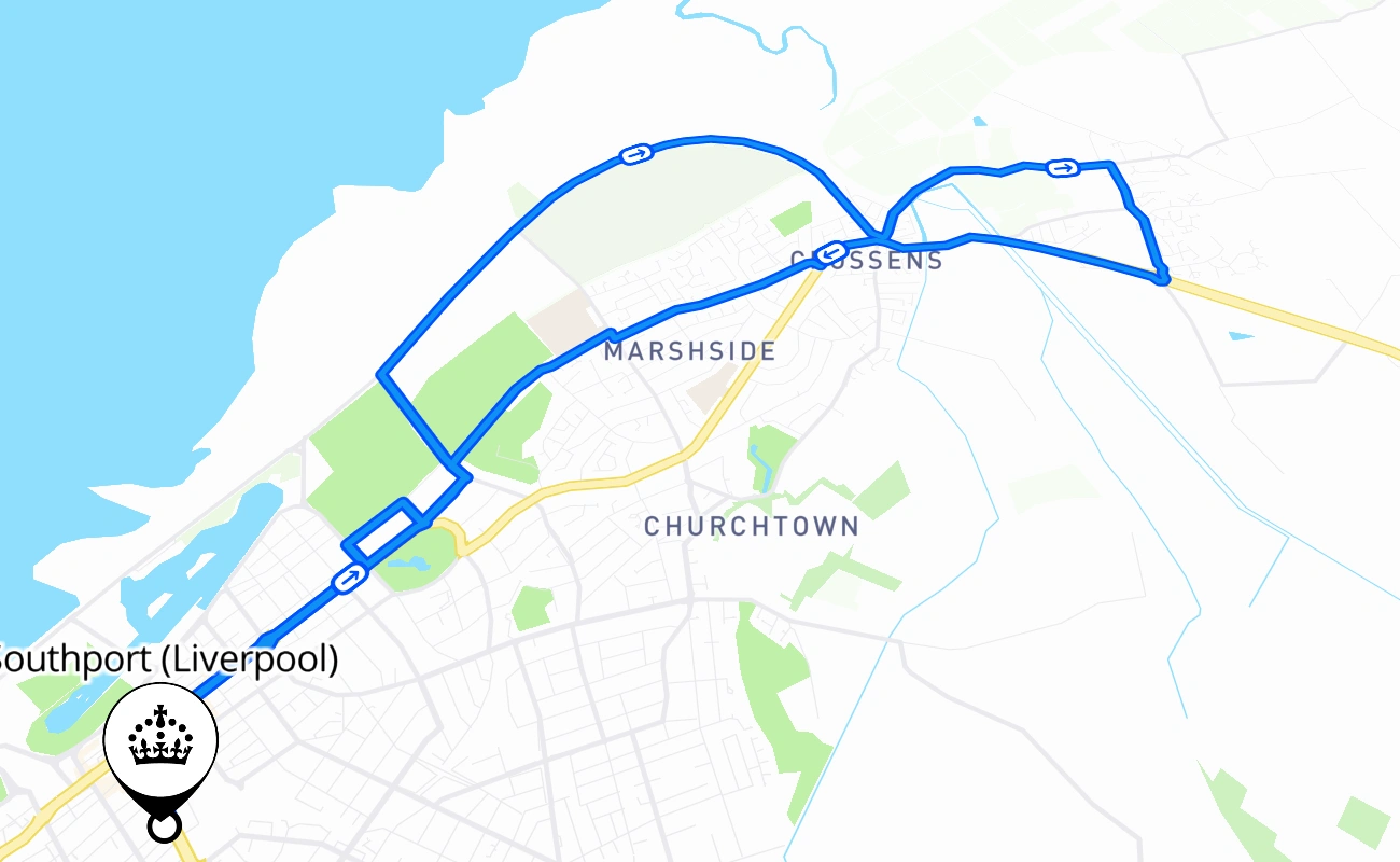 Southport (Liverpool) driving test route #671 map - ENG United Kingdom