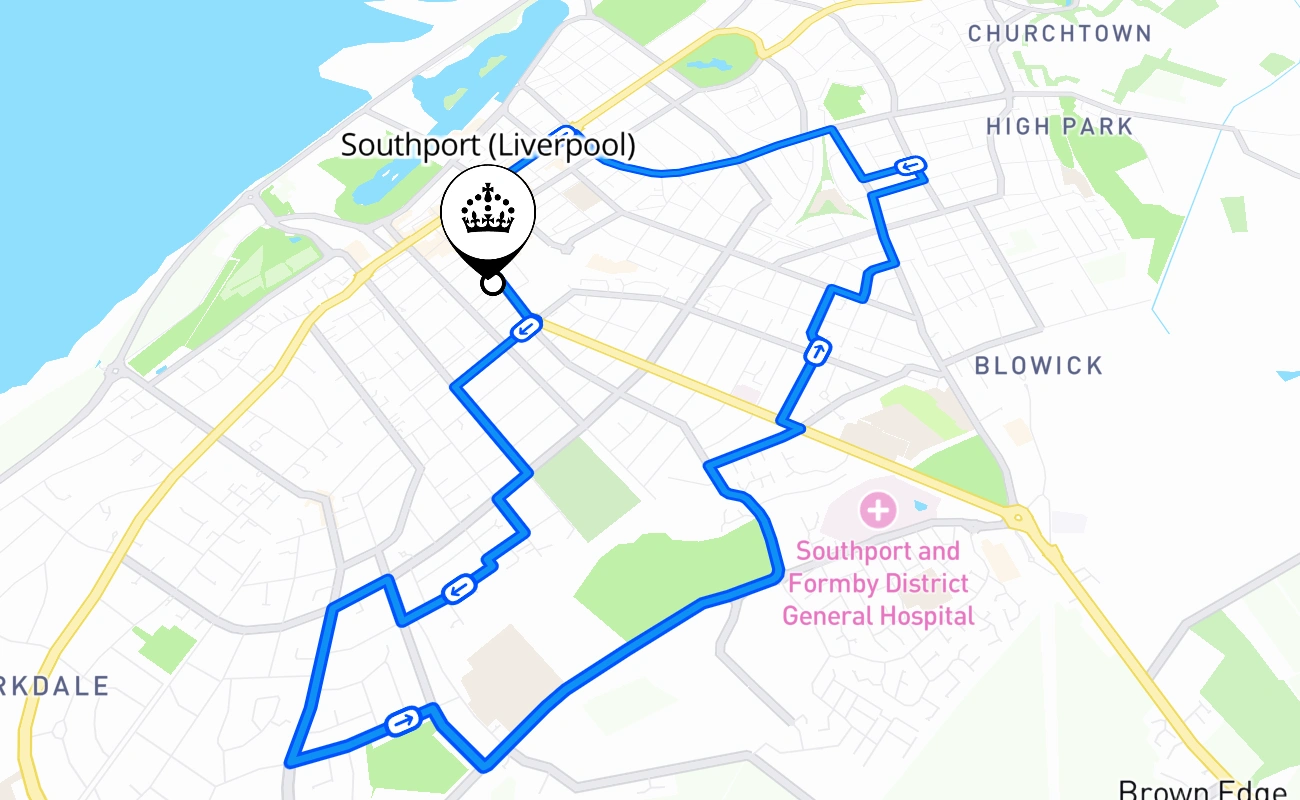 Southport (Liverpool) driving test route #672 map - ENG United Kingdom