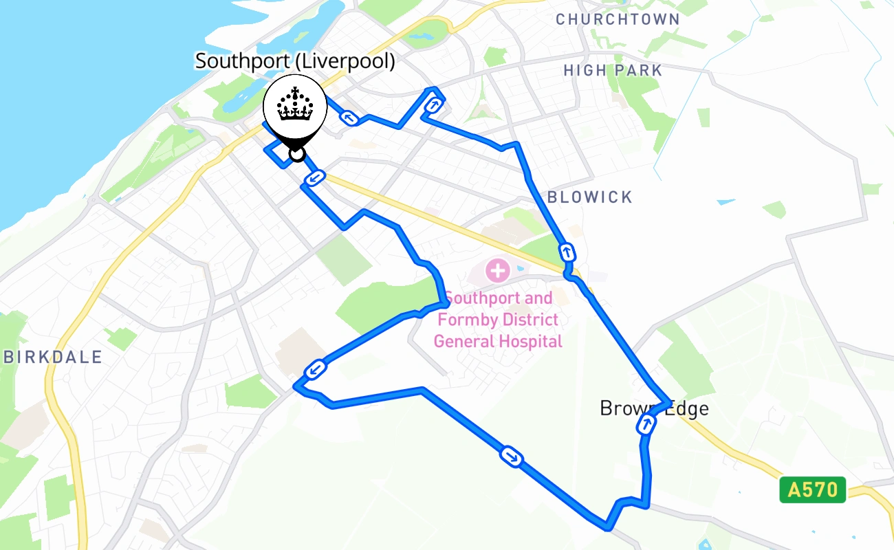 Southport (Liverpool) driving test route #673 map - ENG United Kingdom