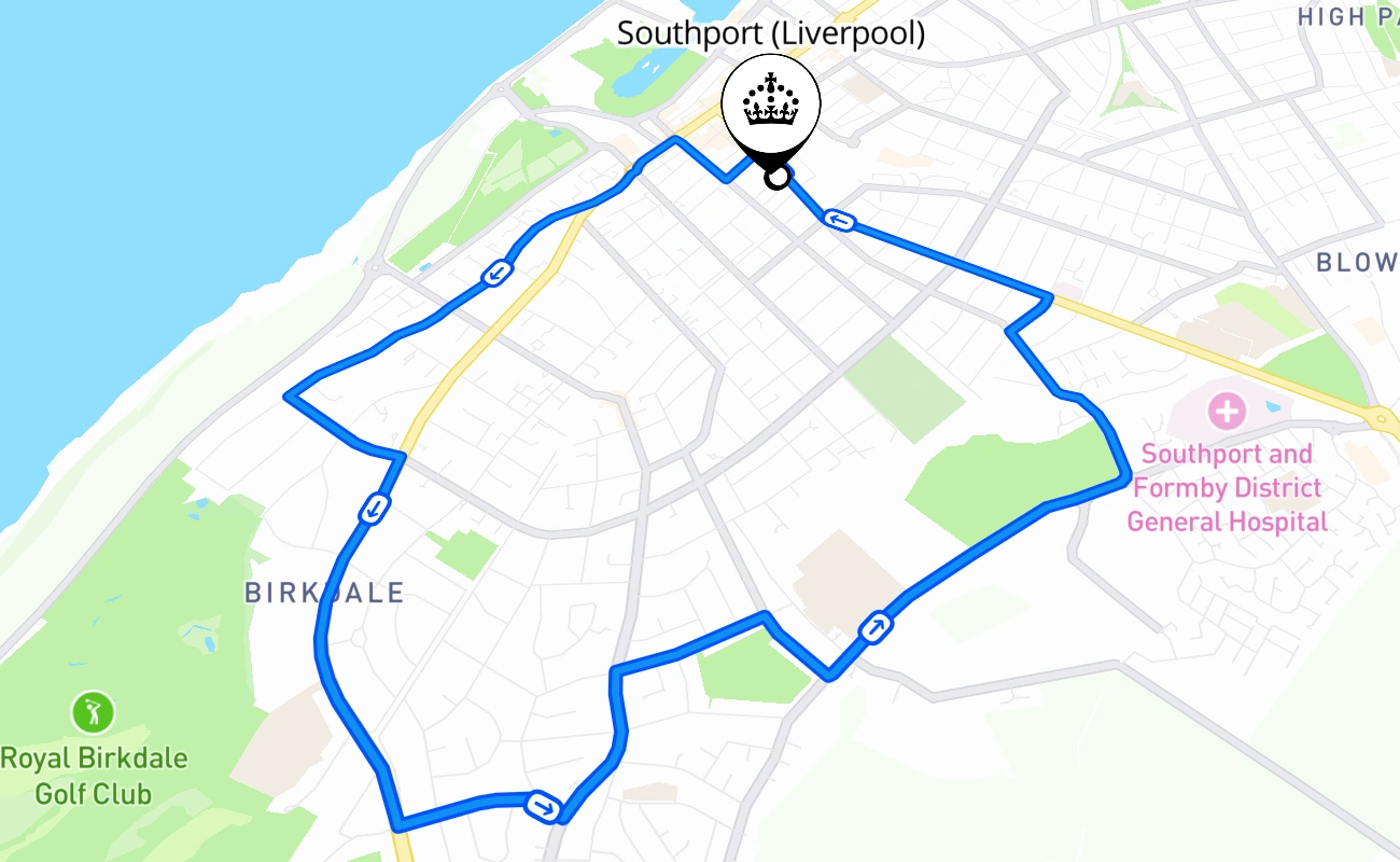 Southport (Liverpool) driving test route #675 map - ENG United Kingdom