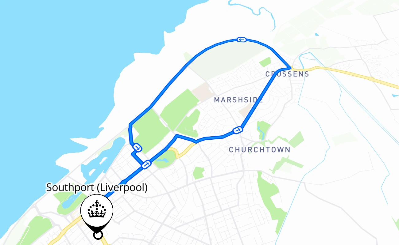 Southport (Liverpool) driving test route #676 map - ENG United Kingdom