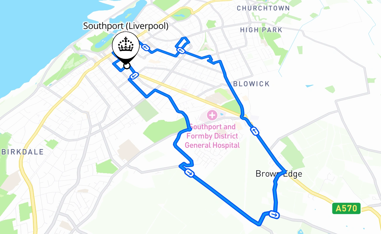 Southport (Liverpool) driving test route #677 map - ENG United Kingdom