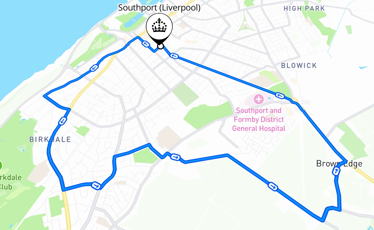 Southport (Liverpool) driving test route #678 map - ENG United Kingdom