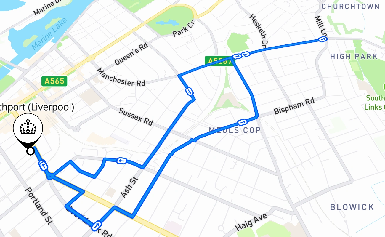 Southport (Liverpool) driving test route #679 map - ENG United Kingdom