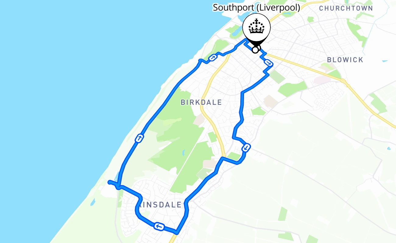 Southport (Liverpool) driving test route #680 map - ENG United Kingdom