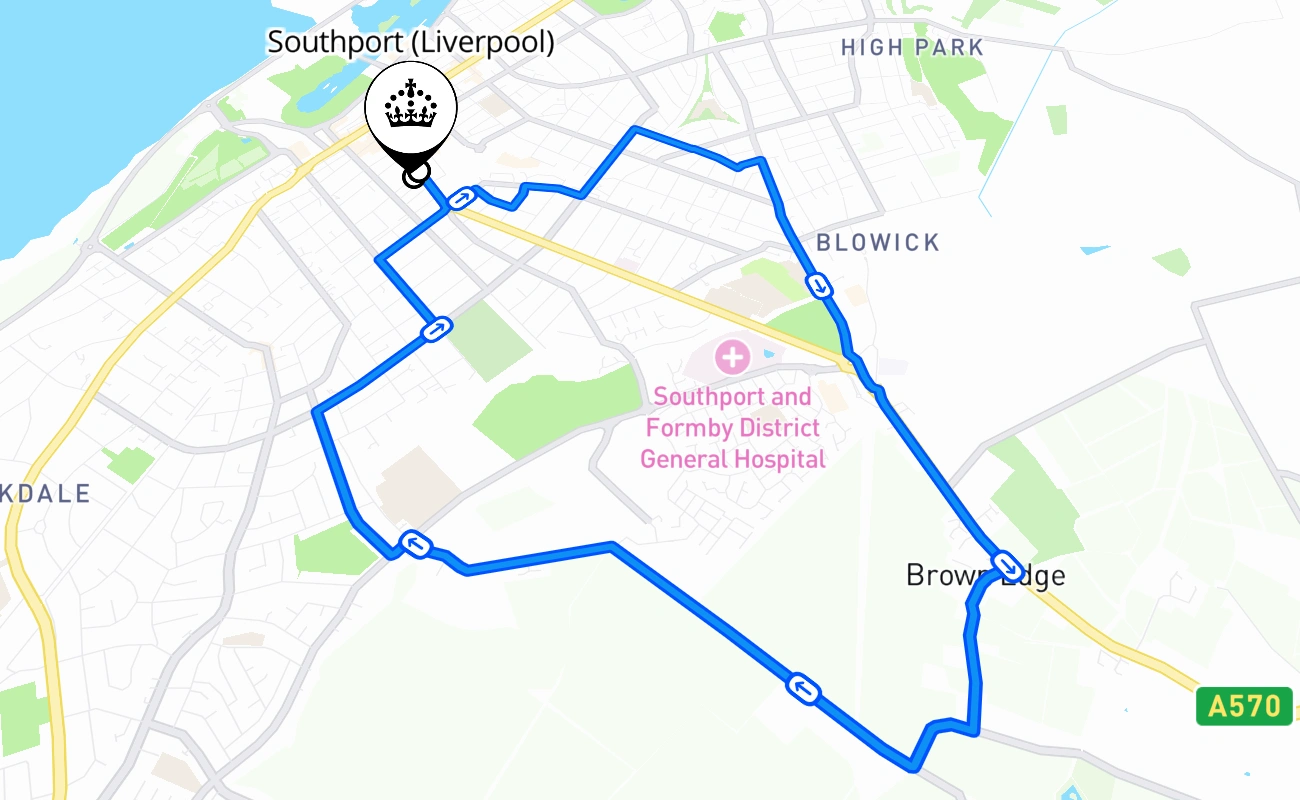 Southport (Liverpool) driving test route #682 map - ENG United Kingdom