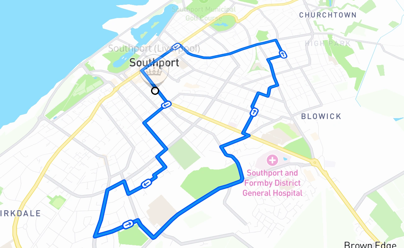 Southport (Liverpool) driving test route #668 map - ENG United Kingdom