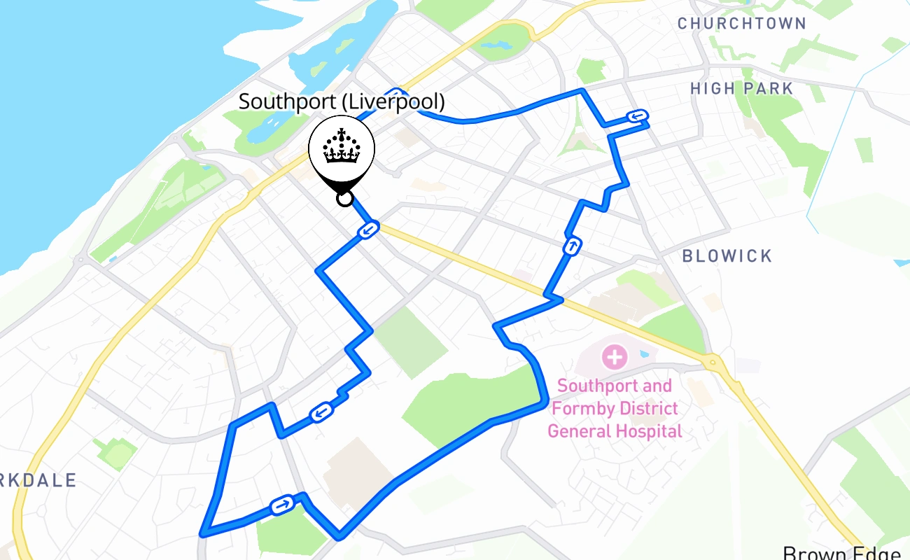 Southport (Liverpool) driving test route #672 map - ENG United Kingdom