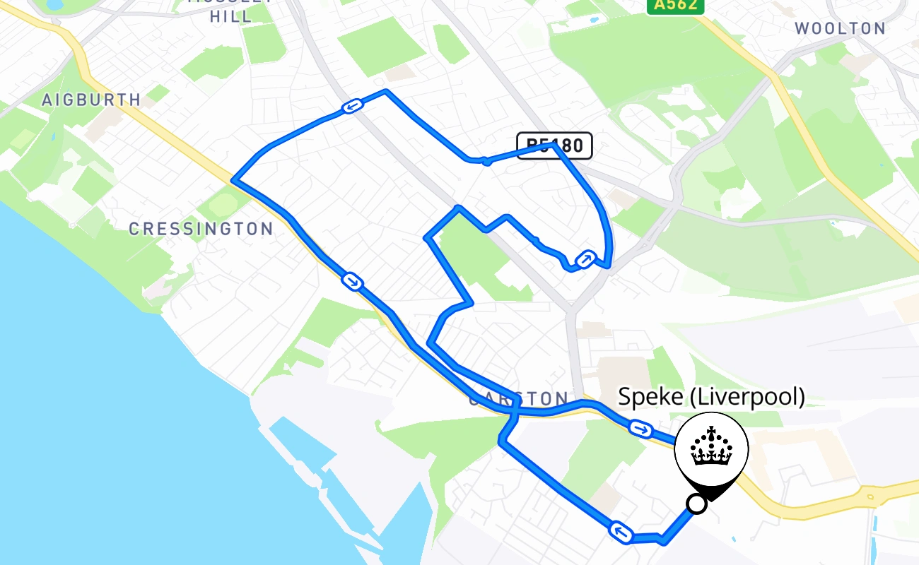 Speke (Liverpool) driving test route #870 map - ENG United Kingdom
