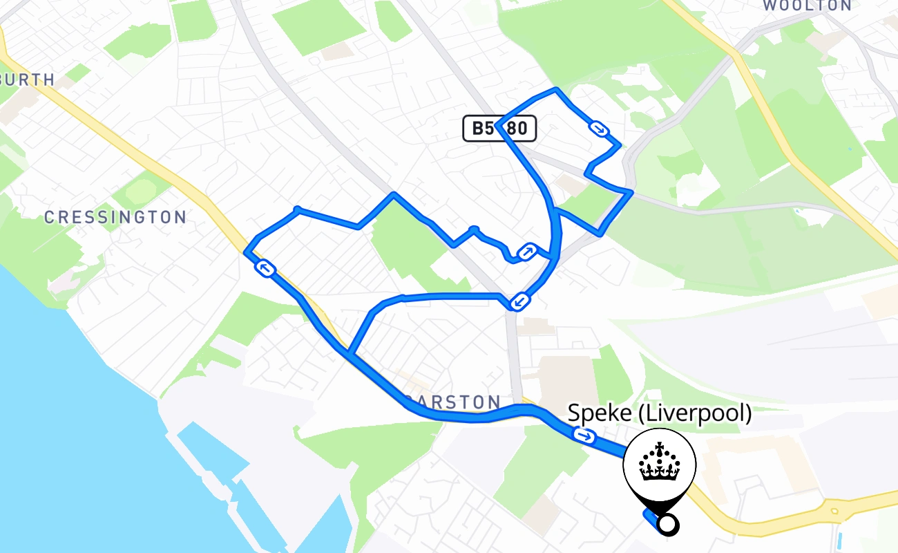 Speke (Liverpool) driving test route #871 map - ENG United Kingdom