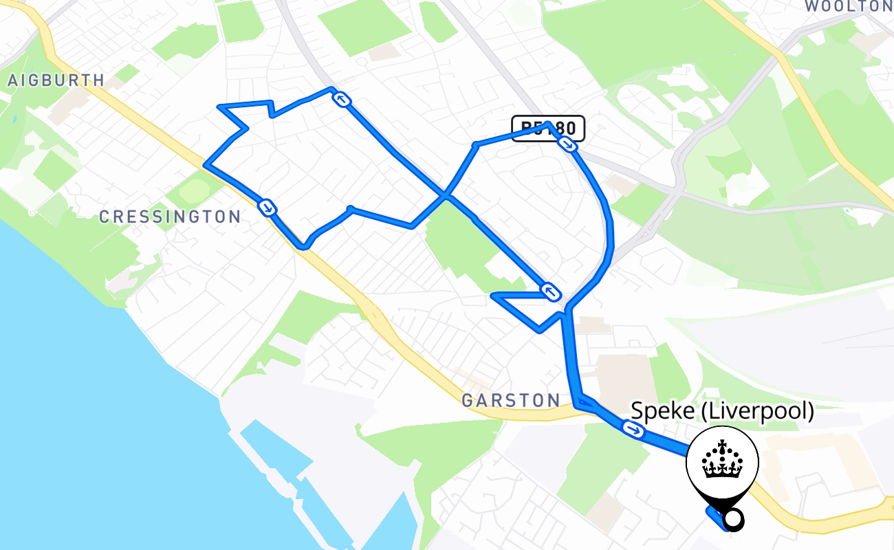 Speke (Liverpool) driving test route #873 map - ENG United Kingdom