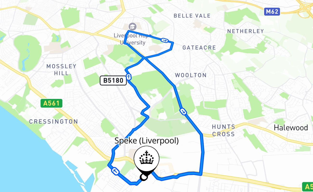 Speke (Liverpool) driving test route #880 map - ENG United Kingdom
