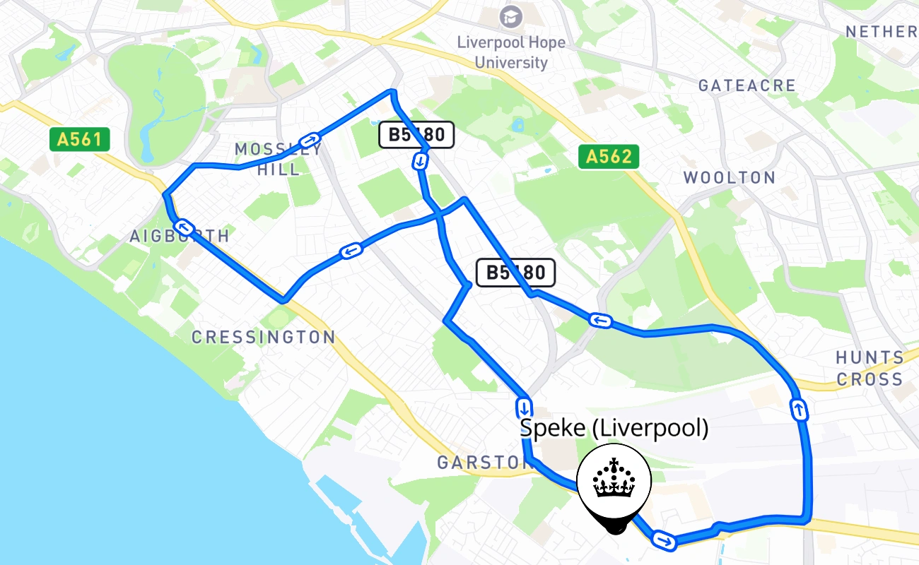 Speke (Liverpool) driving test route #884 map - ENG United Kingdom