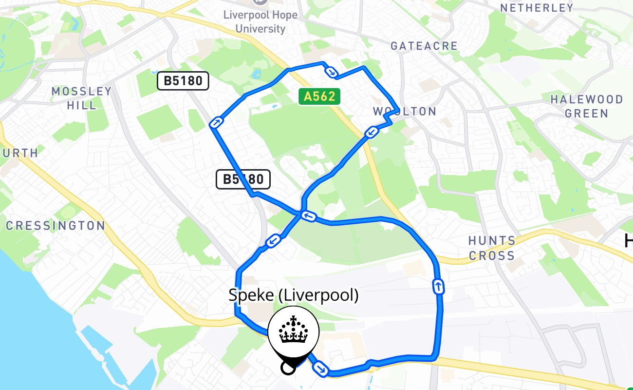 Speke (Liverpool) driving test route #886 map - ENG United Kingdom