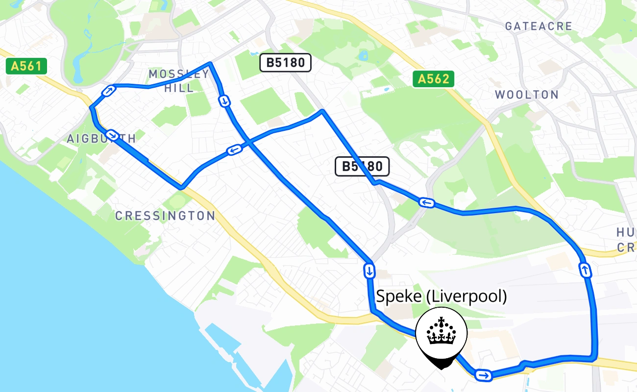 Speke (Liverpool) driving test route #888 map - ENG United Kingdom