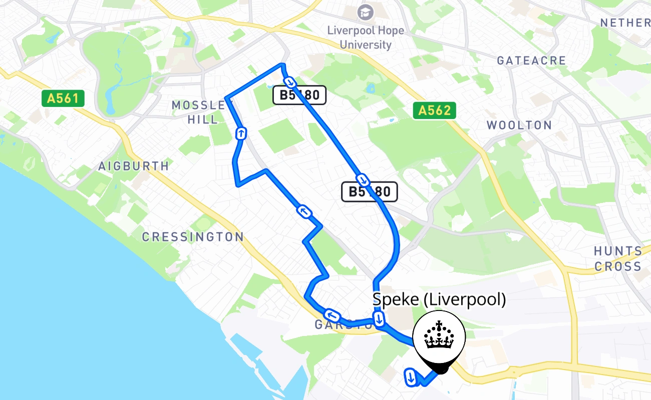 Speke (Liverpool) driving test route #890 map - ENG United Kingdom