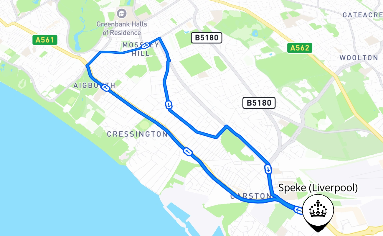 Speke (Liverpool) driving test route #892 map - ENG United Kingdom