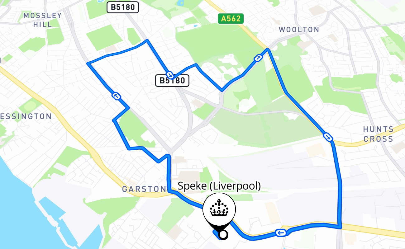 Speke (Liverpool) driving test route #1598 map - ENG United Kingdom