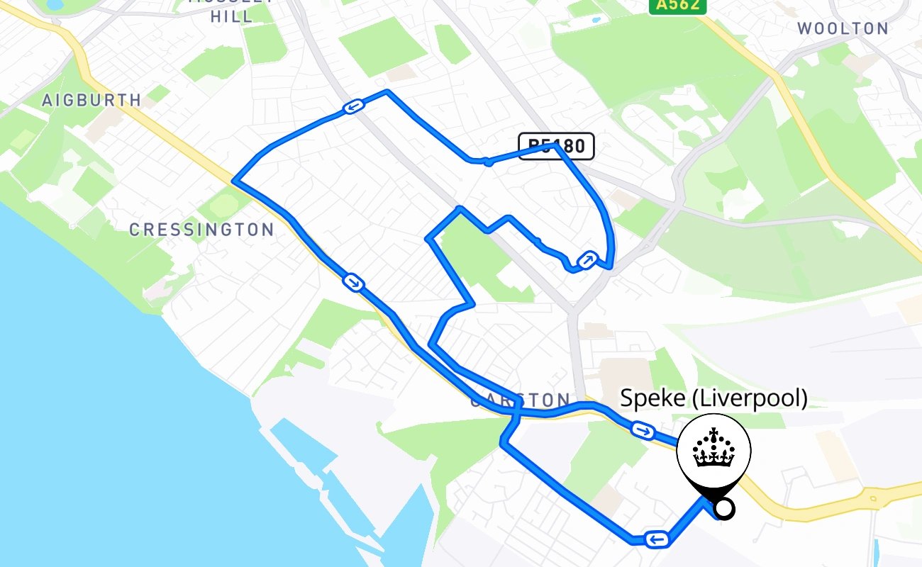 Speke (Liverpool) driving test route #1601 map - ENG United Kingdom