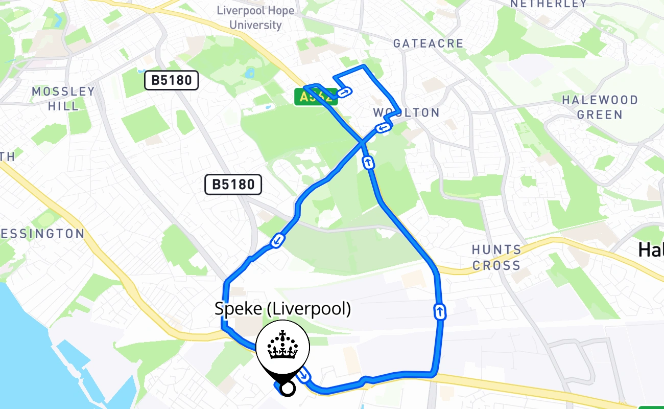 Speke (Liverpool) driving test route #1602 map - ENG United Kingdom