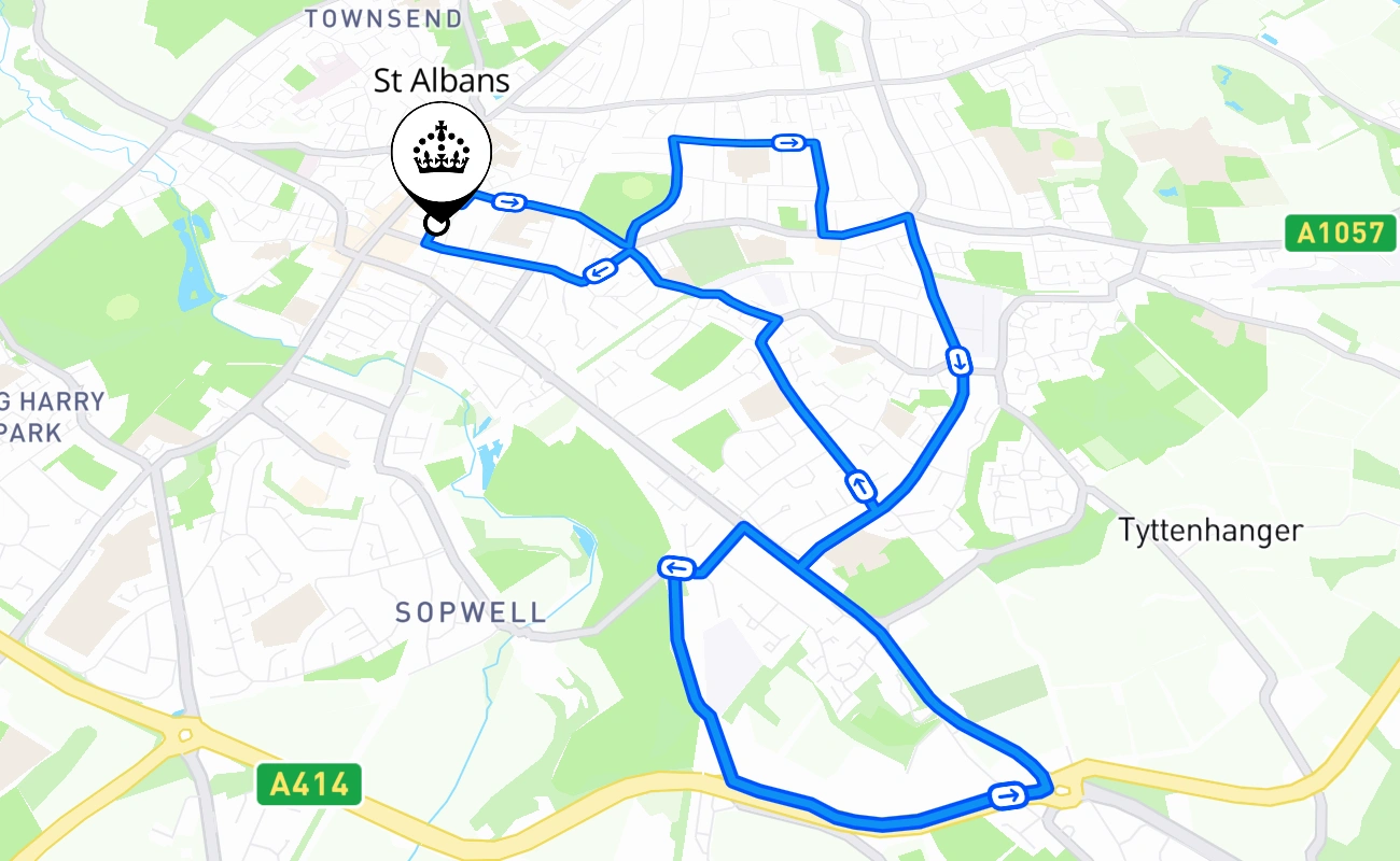 St Albans driving test route #1823 map - ENG United Kingdom