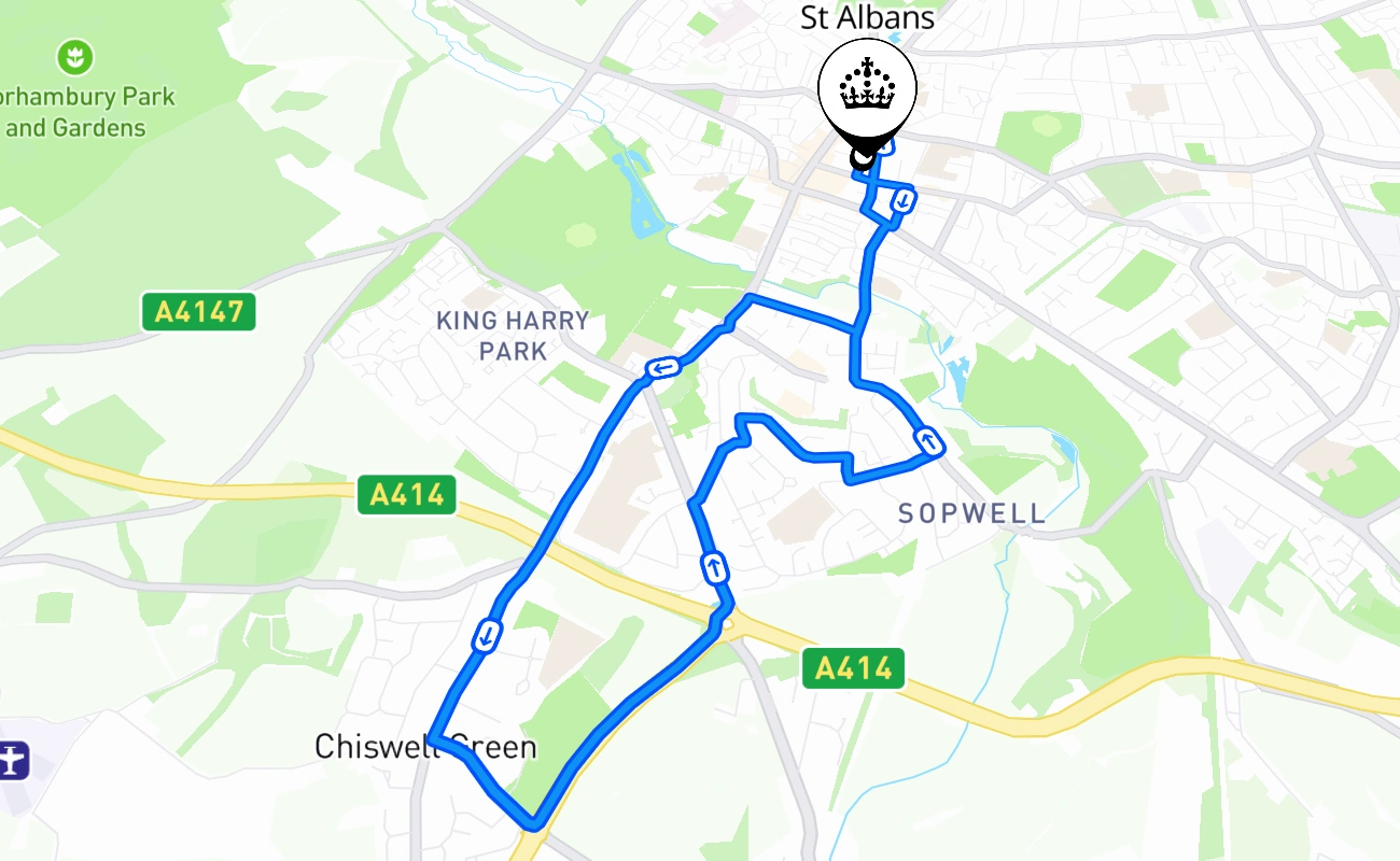 St Albans driving test route #1827 map - ENG United Kingdom