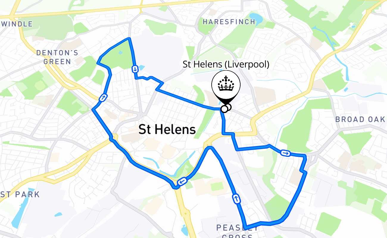 St Helens (Liverpool) driving test route #1219 map - ENG United Kingdom