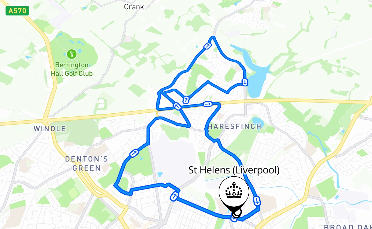 St Helens (Liverpool) driving test route #1224 map - ENG United Kingdom