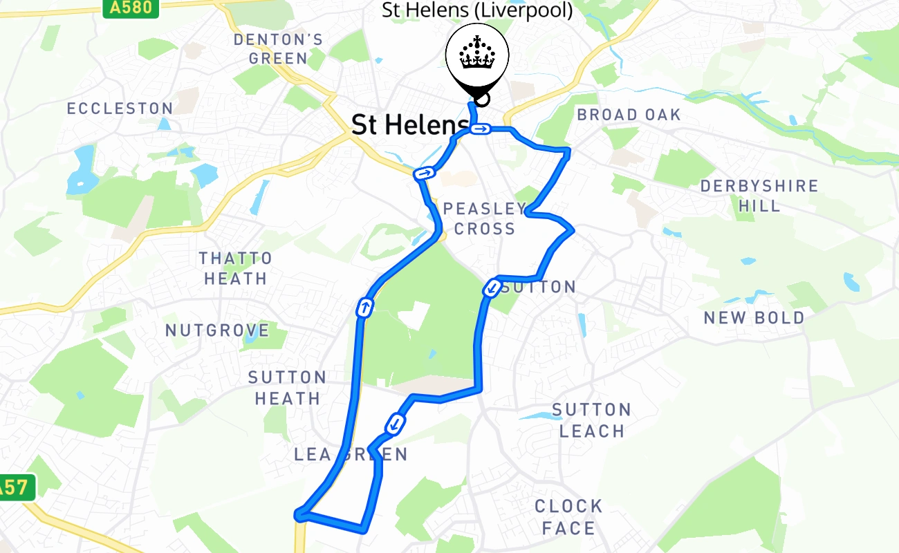 St Helens (Liverpool) driving test route #1225 map - ENG United Kingdom