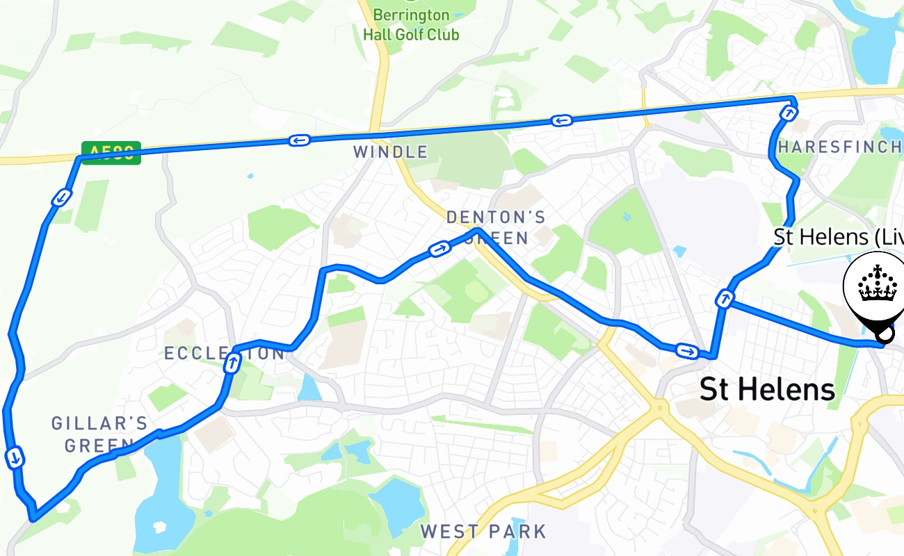 St Helens (Liverpool) driving test route #1226 map - ENG United Kingdom