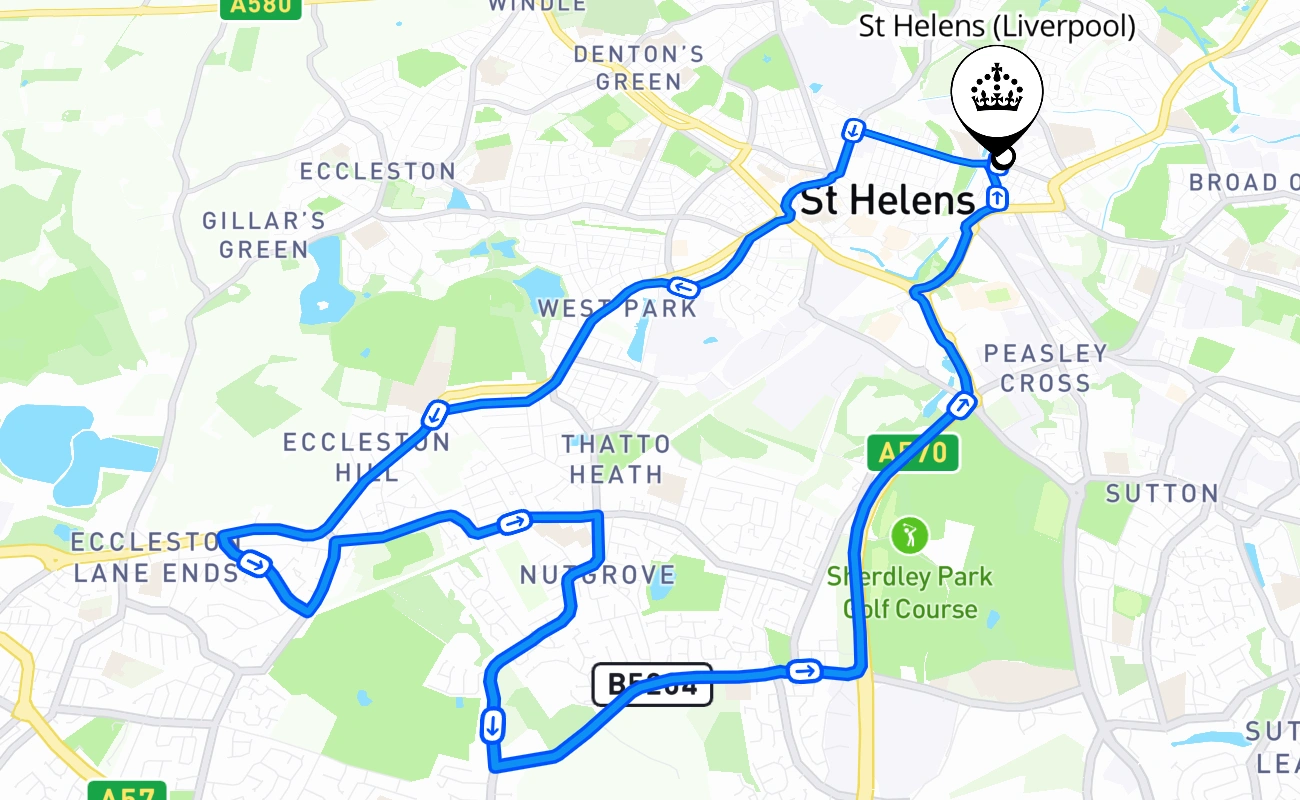 St Helens (Liverpool) driving test route #1227 map - ENG United Kingdom