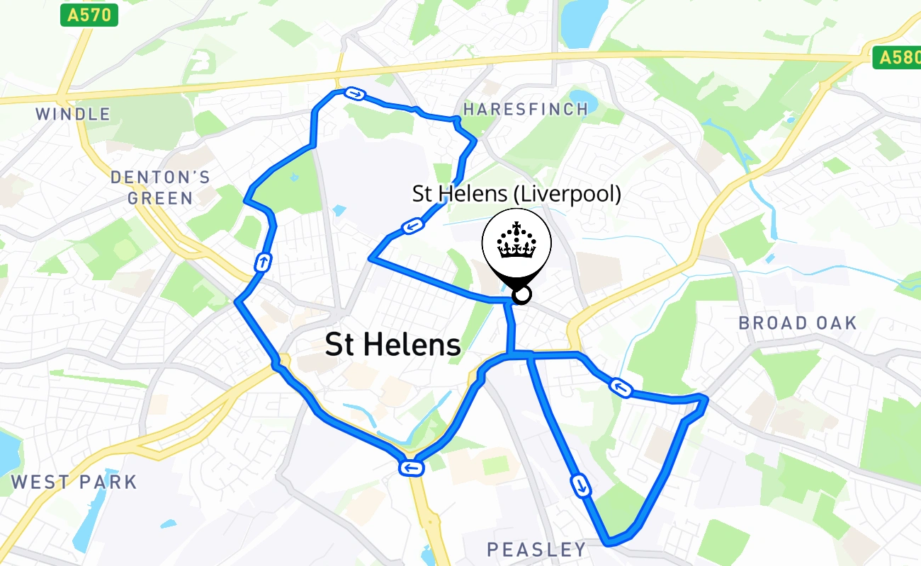 St Helens (Liverpool) driving test route #1228 map - ENG United Kingdom