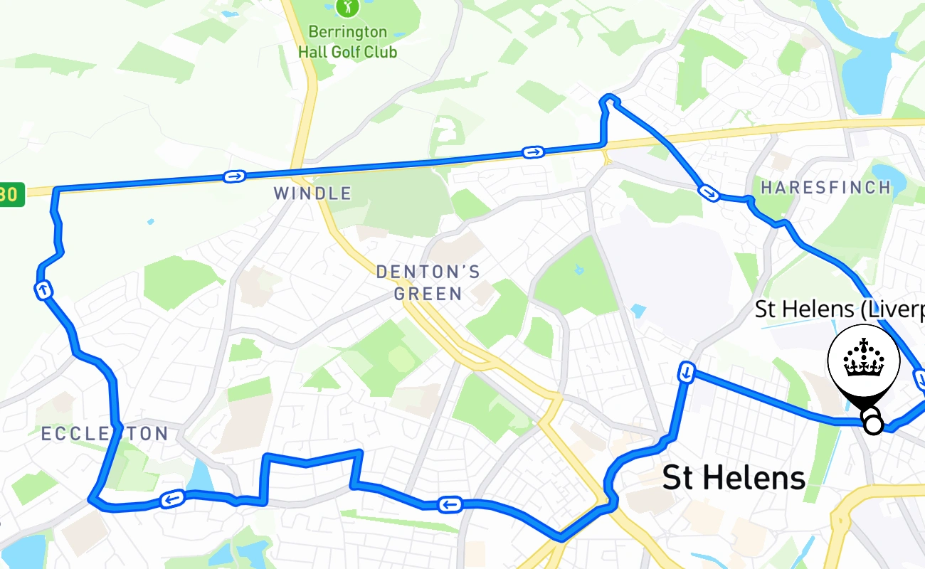 St Helens (Liverpool) driving test route #1229 map - ENG United Kingdom