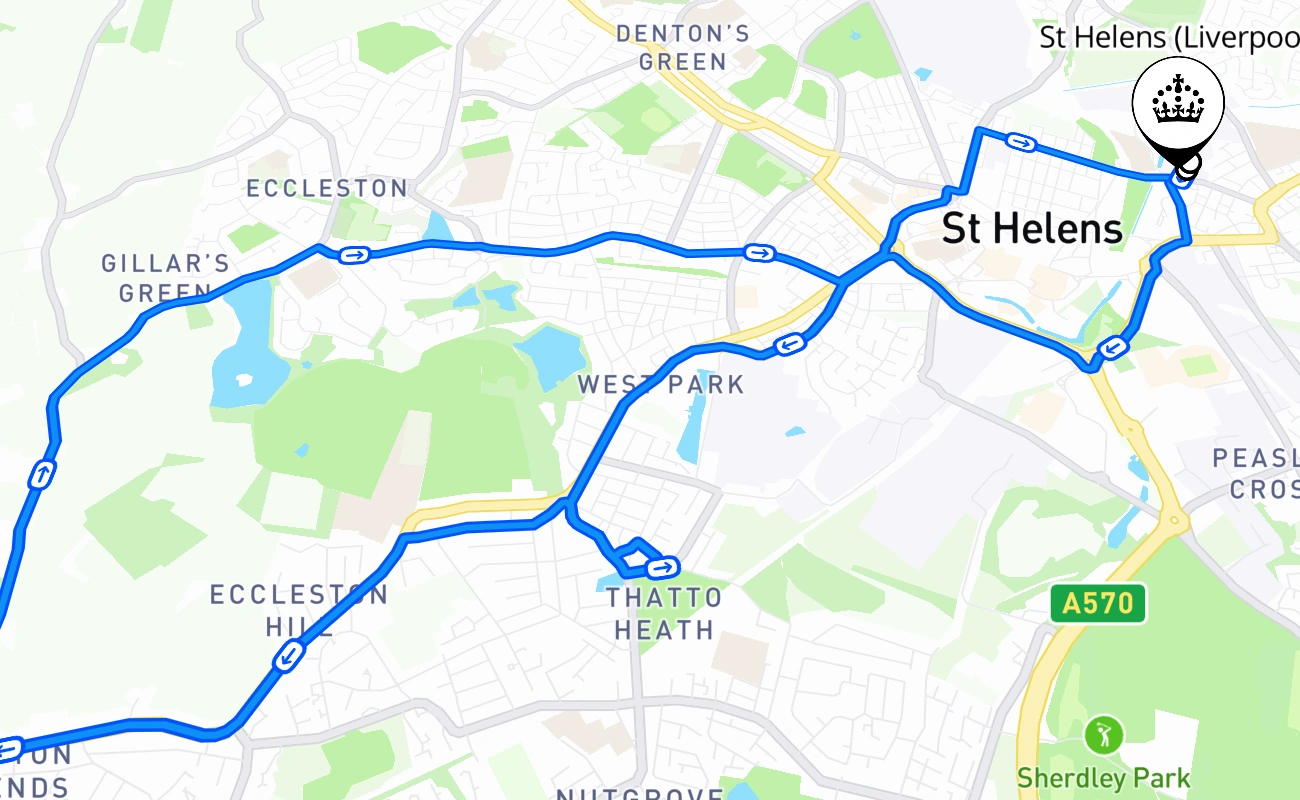 St Helens (Liverpool) driving test route #1230 map - ENG United Kingdom