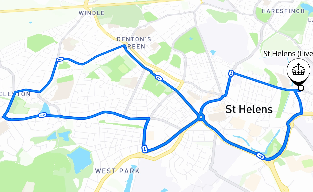 St Helens (Liverpool) driving test route #1231 map - ENG United Kingdom