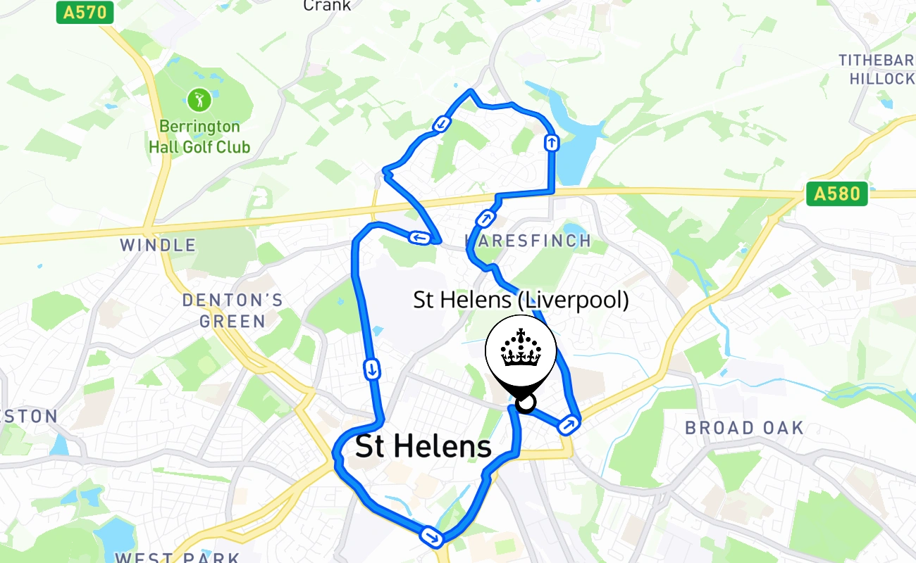 St Helens (Liverpool) driving test route #1232 map - ENG United Kingdom